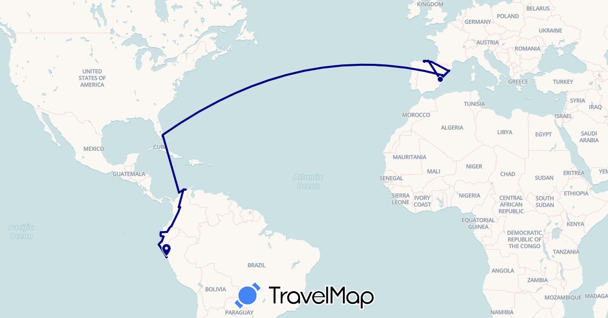 TravelMap itinerary: driving in Colombia, Ecuador, Spain, Peru, United States (Europe, North America, South America)